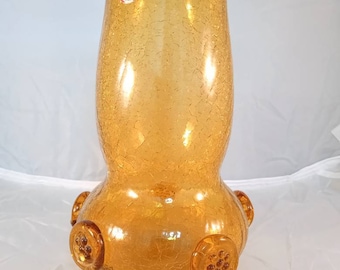 1970s vase crackle glass Jan Havelka Goldie yellow colour hand blown decorated by hand original tag made  Czechoslovakia creuselaboutique