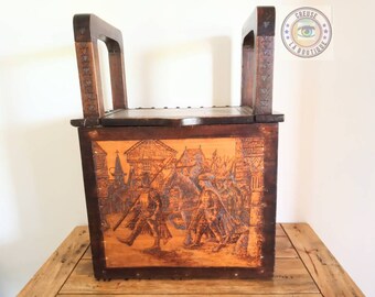 Arts and crafts bench box seat hallway pyrography  with storage three panels depicting Norse or Viking scenes and soldiers dated 1929 rare