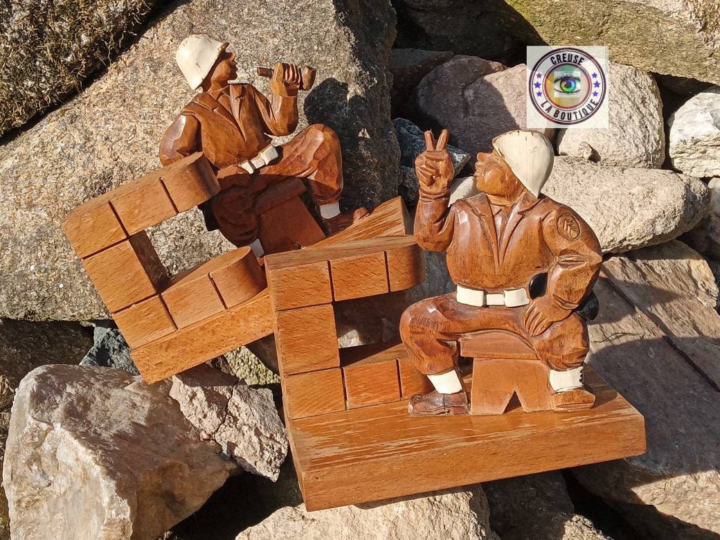 Ornements de Serre-Livres Vintage en Bois Faits à La Main et Sculptés Soldats Humoristiques Sargent 