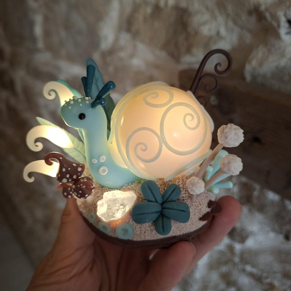 Handcrafted creature, snail figurine, light-up snail, snail, magical creature, fairy decoration, fantasy sculpture, cute decor