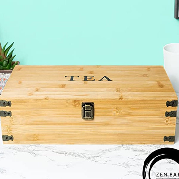 Large Wooden Tea Organizer Box, Big 14" Bamboo Storage Chest 8-Compartment Adjustable Shelves 100% Handmade Craft Eco-Friendly Natural Decor