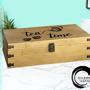 Zen Earth Inspired Tea Time Organizer Box Big & Tall 14" x 8" x 4" Bamboo Wooden Storage Chest 8 Tall Adjustable Slots Eco-Friendly
