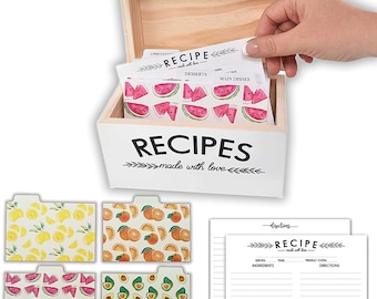 Made with Love Farmhouse Recipe Box, 100 Recipe Cards, Card Protector + 24 Dividers | White Wooden Kitchen Storage Chest for 4x6 Index Cards