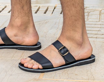 Black Leather Sandals for Men Men's Open Toe Sandals with adjustable Buckle Strap Gladiator Slide on Greek Strappy Summer Shoes for Men