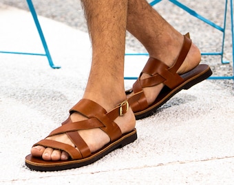 Bruine leren gladiatorsandalen: Griekse zomerschoenen heren met bandjes
