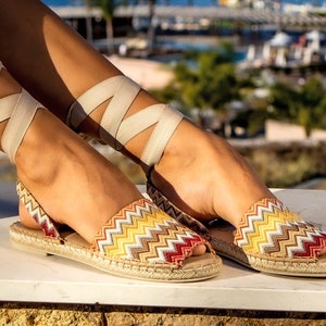 Espadrilles à lacets en cuir faites main : chaussures d&#39;été peep toes en coton tricoté coloré