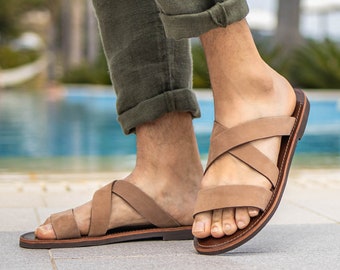 Brown Suede Leather Sandals: Men's Strappy Greek Slides