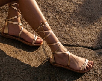 Oude Griekse Stijl Gevlochten Band Leren Sandalen Gladiator Vastbinden Strappy Zomer Schoenen Open Teen Gouden Veterschoenen Vrouwen Schoenen handgemaakte cadeau