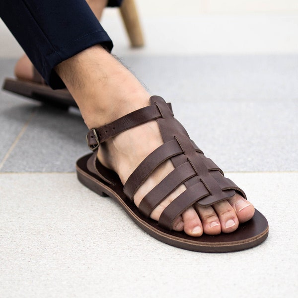 Sandales à bout ouvert cuir marron foncé pour hommes sangle à boucle réglable gladiateur grec à lanières sandale de pêcheur chaussures d'été