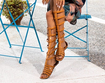 Knee High Leather Sandal Boots Ancient Greek Flat Sandals Rear Zippers Xena Gladiator Sandals with 6 Buckle Straps Roman Strappy Sandals