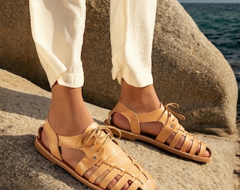 Women Fisherman Beige Leather Sandals with Laces Greek Summer Shoes for women Tie up Caged Sandals Lace up Strappy leather accessories
