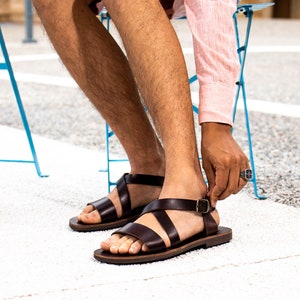 Dark Brown Leather Sandals for Men Open Toe Mens Sandals Buckle Strap Gladiator Sandals Greek Strappy Summer Shoes for Men Fisherman Sandals image 1