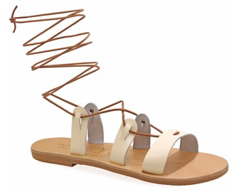 Sandalias de gladiador de cuero estilo griego antiguo: zapatos de verano con tiras y cordones