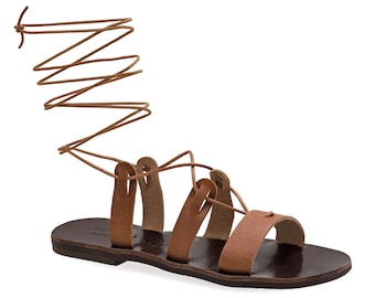 Sandalias de gladiador de cuero estilo griego antiguo: zapatos marrones con tiras y cordones