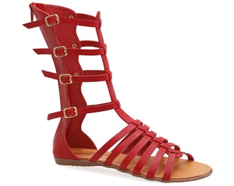 Calf High Coral Red Leather Sandal Boots Ancient Greek Flat Sandals Zipper Gladiator Sandal Buckle Straps Strappy Boots leather accessories