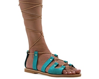 Sandales spartiates de style grec ancien en cuir à bout ouvert, sandale plate avec lacets, chaussure d'été à lacets turquoise pour femme bohème à lacets