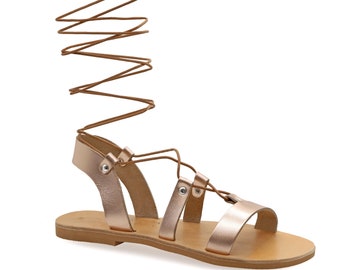 Ancient Greek Style Knee High Leather Sandals Open Toe Rose Gold Flat Gladiator Sandals Tie up Boho Strappy Summer Shoes for Women