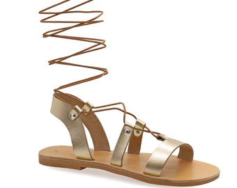 Gold Leather Gladiator Sandals: Ancient Greek Style Tie-Up Knee High Shoes