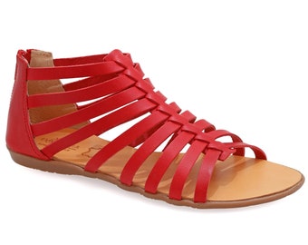 Red Leather Gladiator Sandals: Ankle High Strappy Summer Shoes
