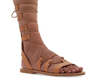 Sandales hautes en cuir de Style grec ancien à bout ouvert sandale spartiate plate à attaches naturelles chaussures d'été bohème à lanières pour femmes