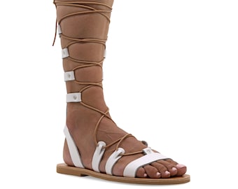 Oude Griekse Stijl Kniehoge Lederen Sandalen Open Teen Platte Gladiator Sandalen Goud Tie-up Strappy Boho Chic Zomer Schoenen voor vrouwen