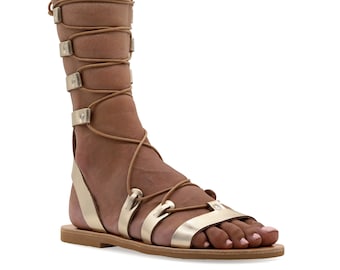 Sandalias de cuero hasta la rodilla estilo griego antiguo, sandalias planas gladiadoras con punta abierta, negras, con tiras y estilo boho chic, zapatos de verano para mujer.