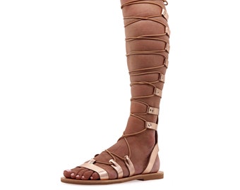 Botas de sandalias de cuero hasta la rodilla Sandalias planas con