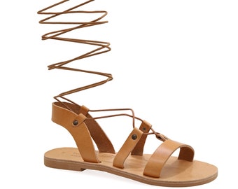 Sandalias de gladiador de cuero estilo griego antiguo: zapatos bohemios de verano con cordones