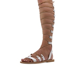 Knee High Leather Sandal Boots Ancient Greek Flat Lace Up Sandals Xena Gladiator Sandals Roman Strappy Sandal Tie Up Boot Sandals Summer