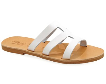 White Leather Strappy Sandals, Classy Greek Summer Slides