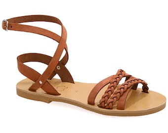Greek Leather Sandals: Adjustable Buckle, Braided Straps, Boho Summer Shoes