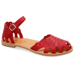 Red Leather Greek Sandals: Closed Toe Boho Ankle Strap Summer Shoes
