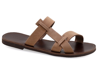Brown Suede Leather Sandals: Men's Strappy Greek Gladiator Slides
