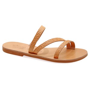 Leather Strappy Sandals with Meanders Classy Ancient Greek Sandals Strappy Flat Slide Sandals for Women Dressy Mules Summer Shoes