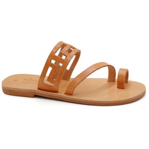 Leather Toe Ring Sandals with Meanders Classy Ancient Greek Sandals Strappy Flat Slide Sandals for Women Dressy Mules Summer Shoes