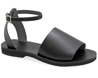 Griechischen Stil Sandalen Qualität Leder Offene Zehen Sommer Schuhe für Frauen - Verstellbare Schnalle Boho Ankle Cuff Schwarz Flache Sandalen handgemachtes Geschenk
