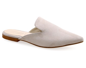 Mules puntiagudas de piel de ante beige, mocasines planos de calidad, zapatos cómodos de verano para mujer, sandalias de piel estilo marroquí, regalo hecho a mano
