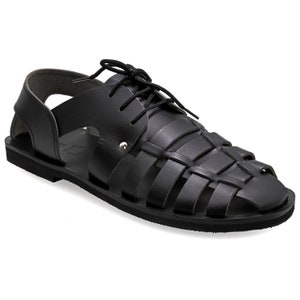 Black Leather Fisherman Sandals for Men with Laces Greek Summer Shoes for men Tie up Men's Caged Sandals Quality Strappy sandals gift