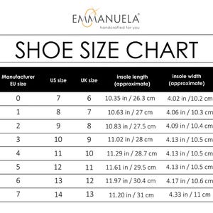 May include: Shoe size chart for women's shoes, showing corresponding US, UK, and EU sizes, along with insole length and width measurements in inches and centimeters.