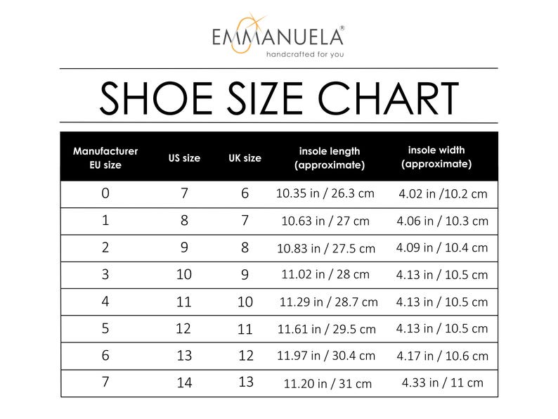 May include: Shoe size chart for women's shoes, showing corresponding US, UK, and EU sizes, along with insole length and width measurements in inches and centimeters.