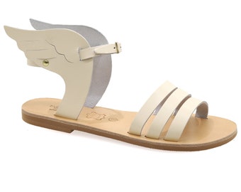 Ancient Greek White Sandals with Wings made of Real Leather - adjustable buckle strap Summer Shoes for Women Boho Strappy Sandal
