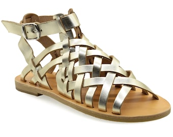 Gold Leather Gladiator Sandals: Ancient Greek Strappy Summer Shoes