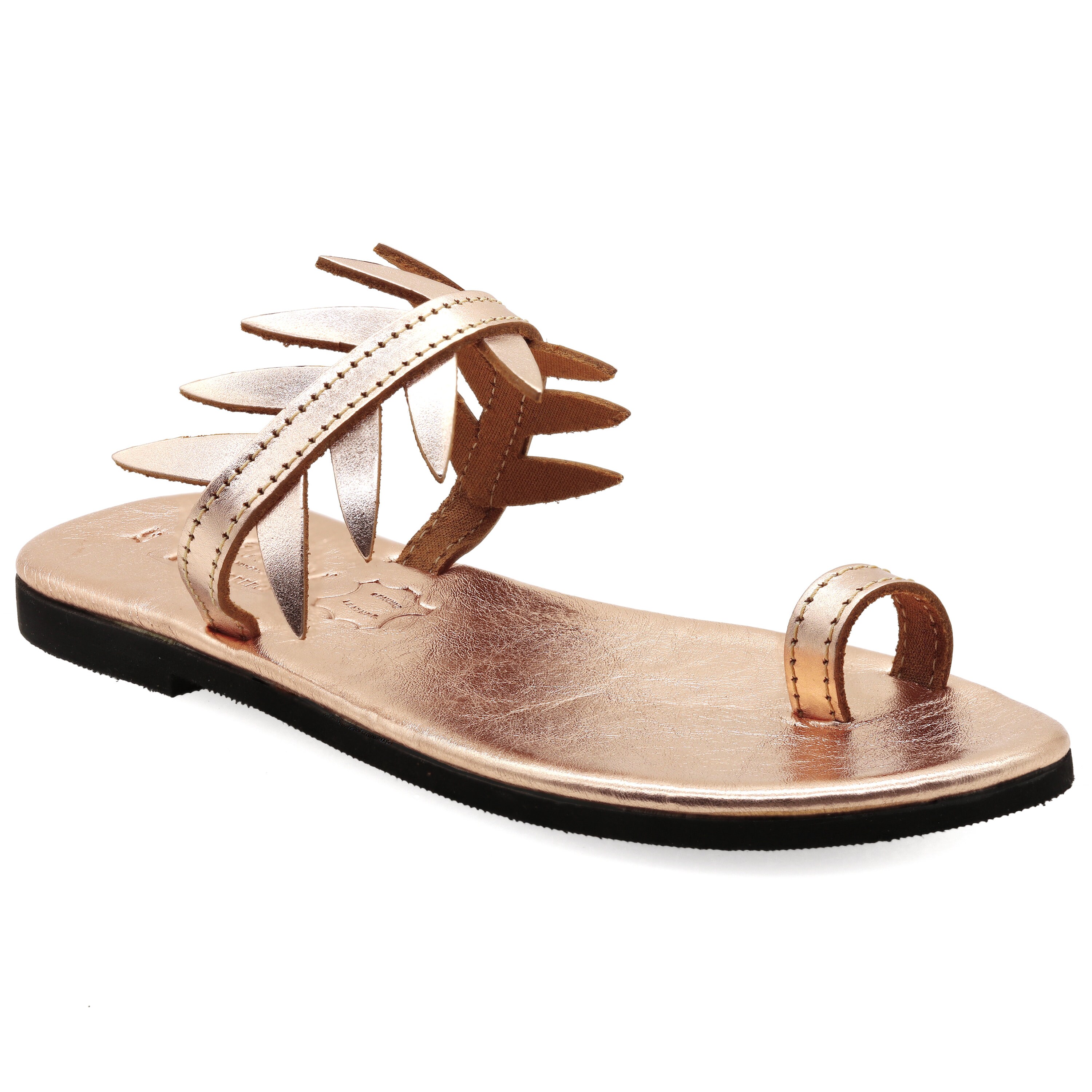 Gold Leather Toe Ring Sandals With Olive Leaves Ancient