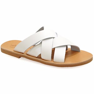 White Leather Sandals Classy Greek Sandals Open Toe Strappy Flat Sandals Slide Sandals Women White Dressy Summer Shoes Slider Mules
