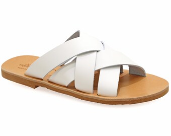 White Leather Strappy Sandals: Handmade Greek Style Summer Slides