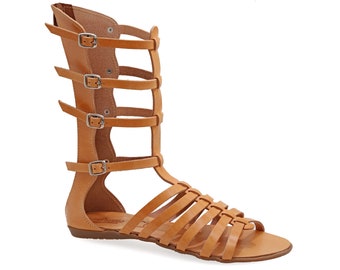 Kalb Hohe Leder Sandale Stiefel Antike griechische Flache Sandalen Hinten Reißverschlüsse Xena Gladiator Sandalen mit 4 Schnallenriemen Römische Riemchensandalen