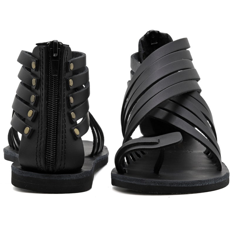 Sandales gladiateur en cuir noir, sandales grecques antiques avec fermetures à glissière sandales à lanières à la cheville, chaussures d'été image 3