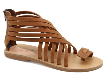 Ankle High Real Leather Sandal Boots Brown Ancient Greek Flat Sandals Rear Zippers Gladiator Strappy Sandals Toe Ring Summer Shoes Women