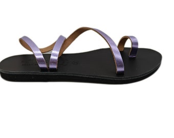 Handmade Greek Leather Sandals: Lilac Metallic Strappy Toe Ring Flats