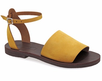 Sandali stile greco Scarpe estive open toe in pelle di qualità da donna - Sandali piatti giallo senape con cinturino alla caviglia Boho con fibbia regolabile